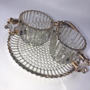 Vintage Jeannette Glass Creamer Sugar Bowl & Serving Tray Set Ribbed Gold Bubble